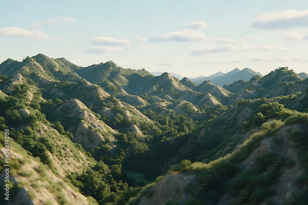 Naklejka premium Serene Mountain Landscape Rolling Hills and Lush Green Foliage under a Sunny Sky