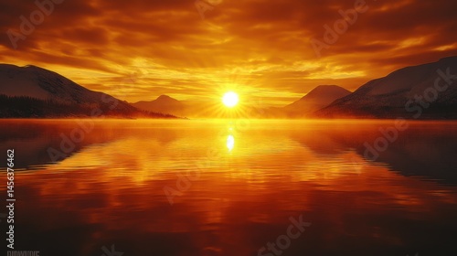 Golden Reflections on Arctic Waters - A serene lake in northern Norway perfectly reflecting the Midnight Sun, creating a symmetrical golden world