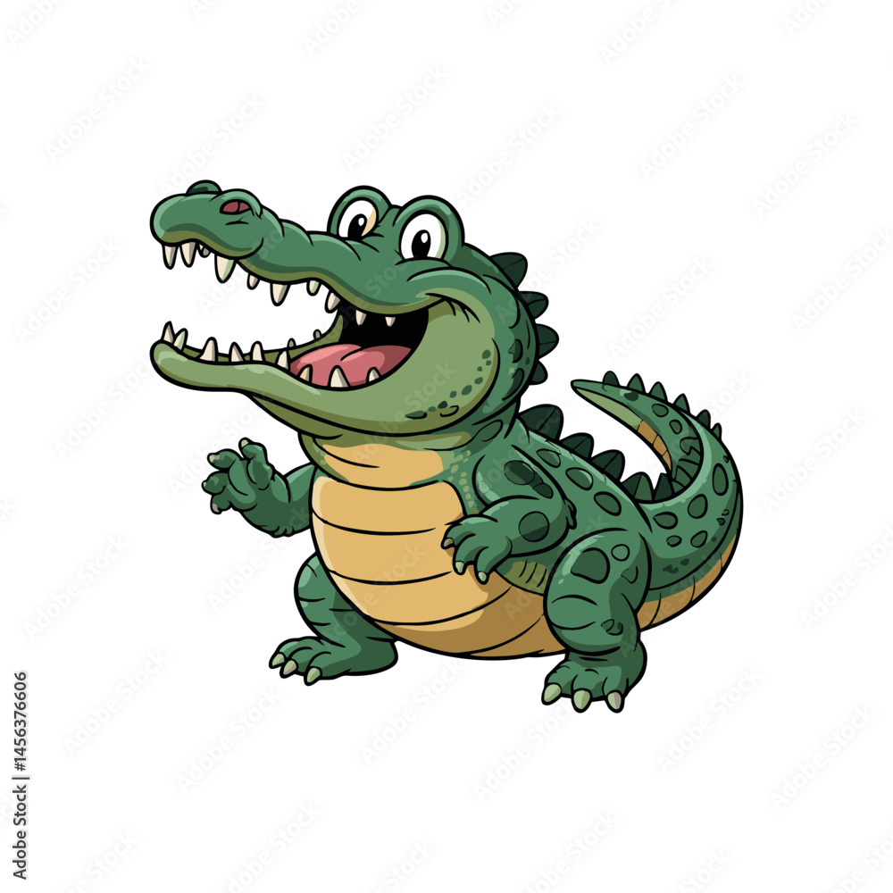 Fototapeta premium A cute cartoon crocodile sitting happily in a swamp surrounded by green plants.