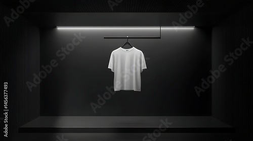 White tee shirt hanging on a hanger inside a sleek minimalist wardrobe setup
