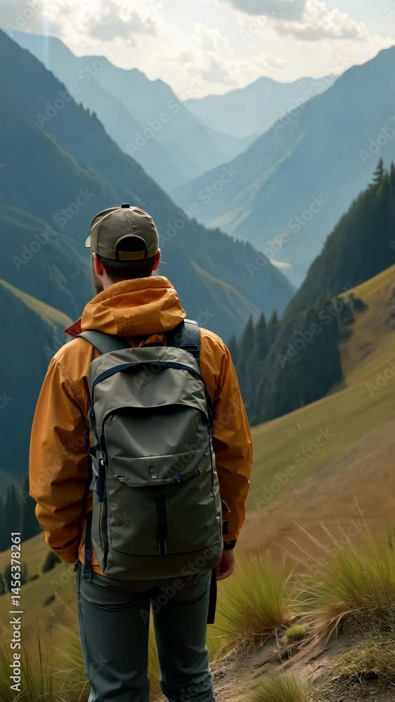 Hiker admiring breathtaking mountain view during hiking trip Hiker admiring breathtaking mountain view during hiking trip