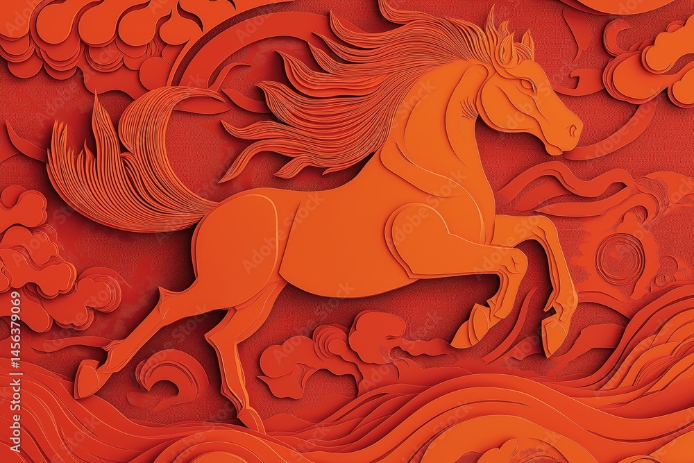 Fototapeta premium Orange Papercut Horse Chinese New Year 2026 Celebration Symbol