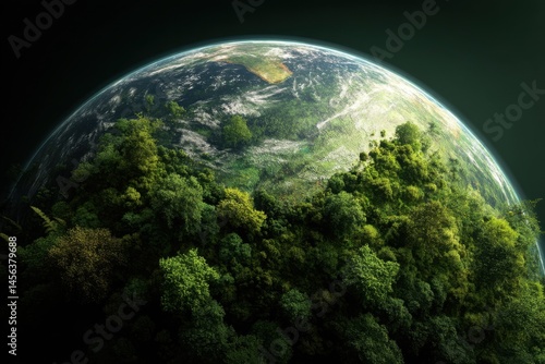 Beautiful green planet with lush forests seen from space, showcasing vibrant ecosystems and healthy vegetation thriving below