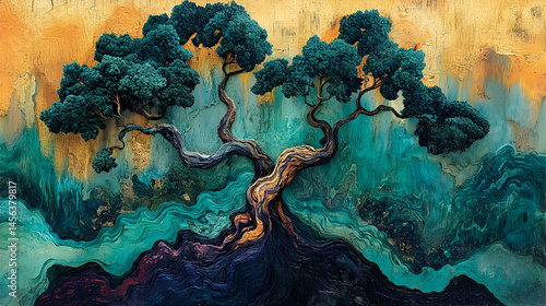 Abstract painting of a stylized bonsai tree on a textured surface.