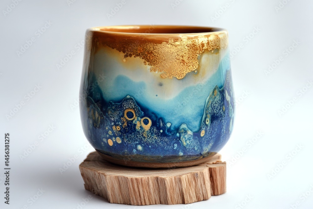 Handcrafted ceramic bowl with flowing blue and gold designs. Handcrafted ceramic bowl with flowing blue and gold designs.