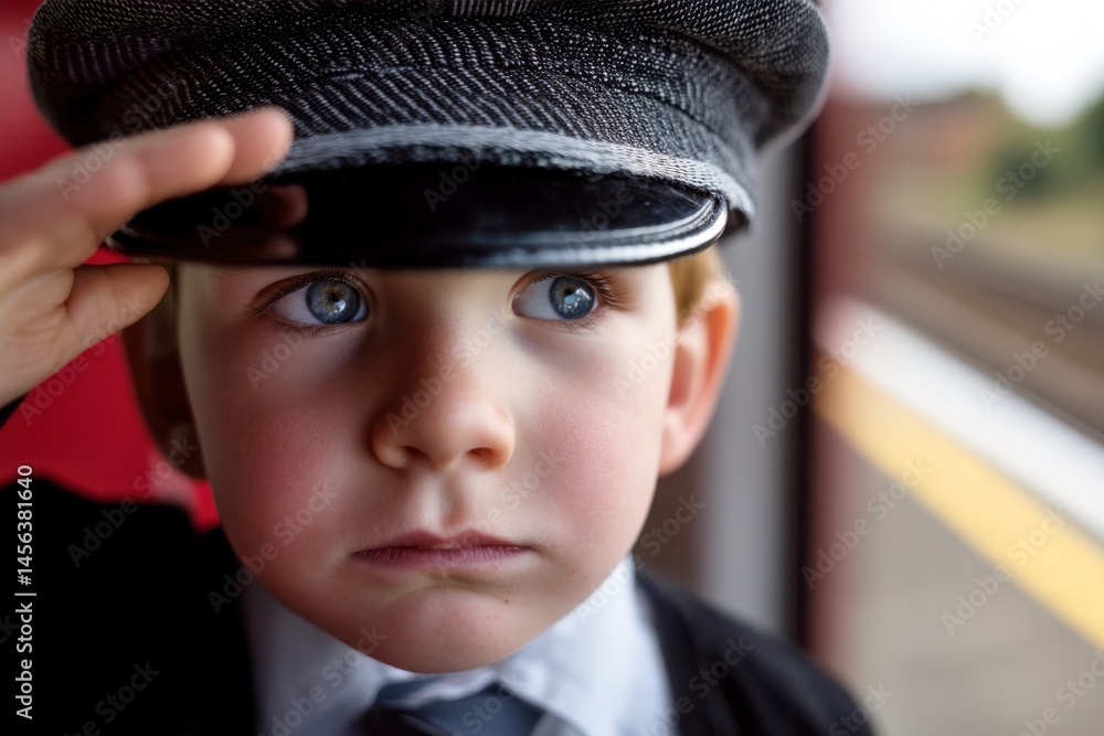 Young boy in a train conductor uniform salutes while waiting at the station during daylight Young boy in a train conductor uniform salutes while waiting at the station during daylight