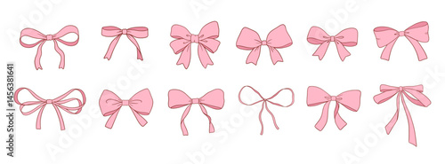 Coquette vintage bow drawings isolated on white, cute pink ribbons vector set