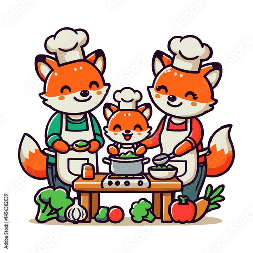 Wallpaper Mural Fox Family Cooking Meal Together with Chef Hats and Vegetables Illustration Torontodigital.ca
