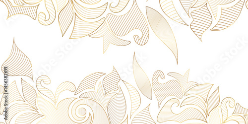 Abstract Vector line gold ornament fancy nature elegant vintage background. Hand drawn wavy branches and leaves on white background design for decoration, wallpaper, cover, banner, poster card etc.