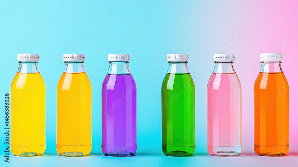 Brightly colored beverages clear bottles arranged row against gradient background, showcasing vibrant hues of yellow, purple, green, and pink Brightly colored beverages clear bottles arranged row against gradient background, showcasing vibrant hues of yellow, purple, green, and pink