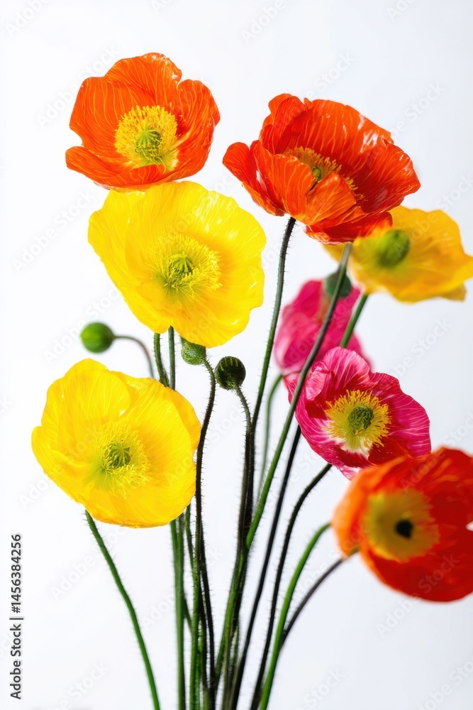 Obraz premium Colorful poppy flowers arranged in a vase create a vibrant display in a bright indoor setting