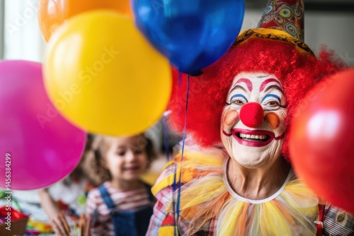 Smiling clown entertaining children with colorful balloons at a birthday party in a vibrant indoor setting