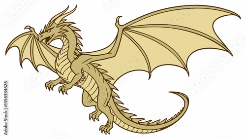 Vector hand-drawing, , fierce, majestic golden dragon, four legs and spread wings, exuding power and grace in its flight