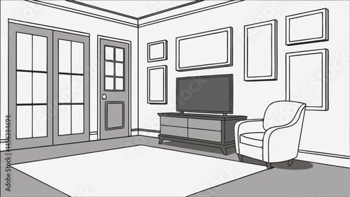 Vector modern living room featuring television, stylish armchair, and empty picture frames on walls, creating minimalist atmosphere