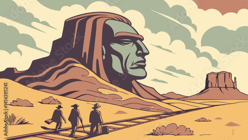 Vector surreal desert landscape featuring large face carved into mountain, with three figures walking along railway