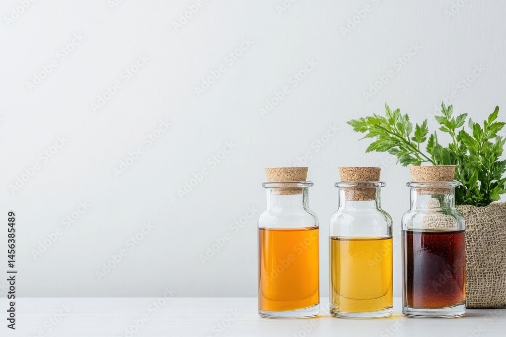 Three glass bottles filled with oils on a wooden table alongside a small potted herb plant in a rustic container Three glass bottles filled with oils on a wooden table alongside a small potted herb plant in a rustic container