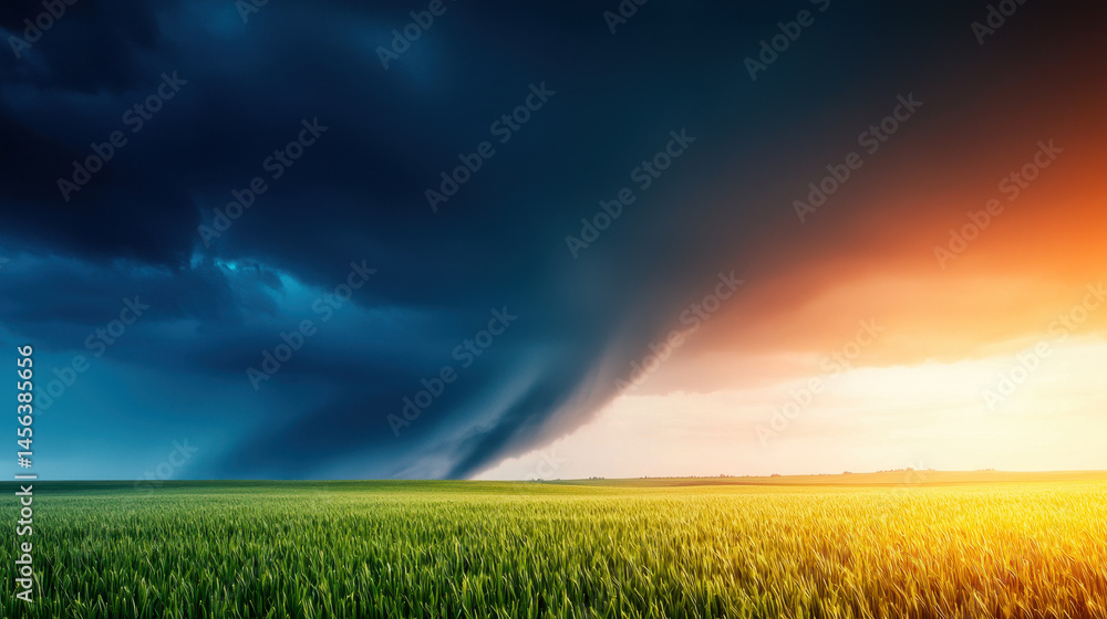 Tornado forming in dramatic sky over green field, showcasing contrast between dark storm clouds and bright horizon Tornado forming in dramatic sky over green field, showcasing contrast between dark storm clouds and bright horizon