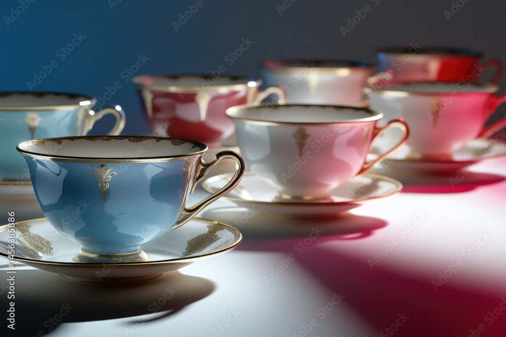 Fototapeta premium A collection of elegant teacups in pastel colors, showcasing delicate gold detailing and a sophisticated design.