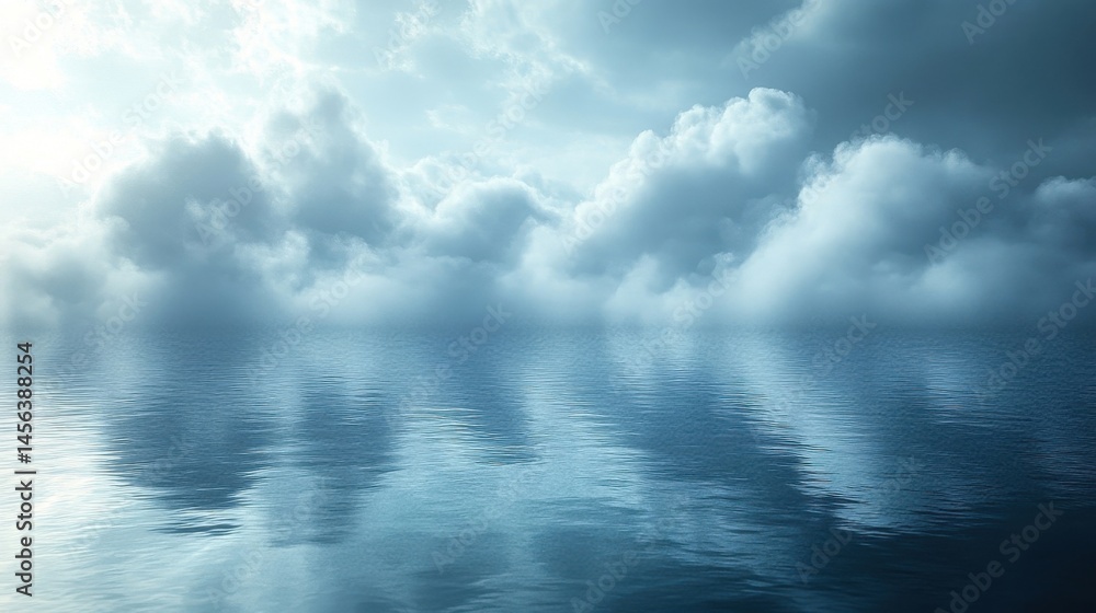 Cloudy Sky Reflecting Over Still Ocean Water In Shades Of Blue and Dramatic Lighting Cloudy Sky Reflecting Over Still Ocean Water In Shades Of Blue and Dramatic Lighting