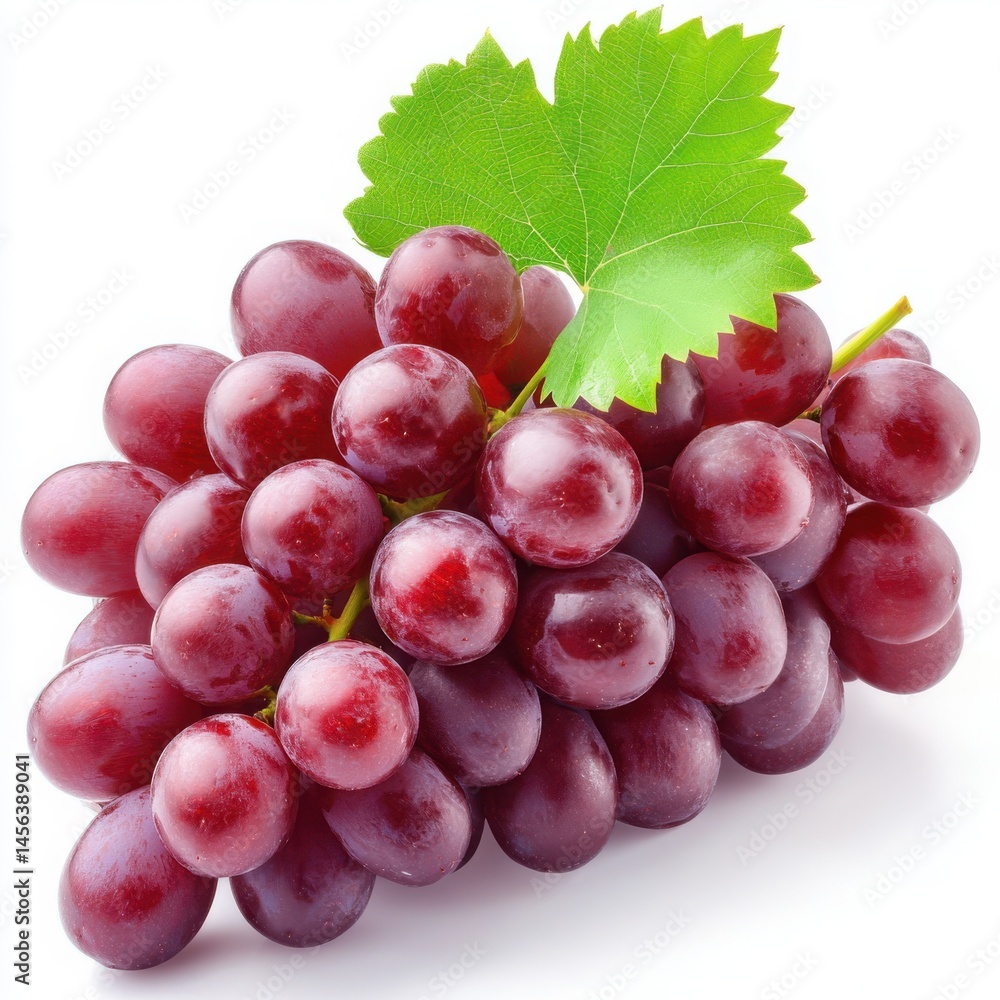 Fototapeta premium Bunch of red grapes with green leaf isolated on white background