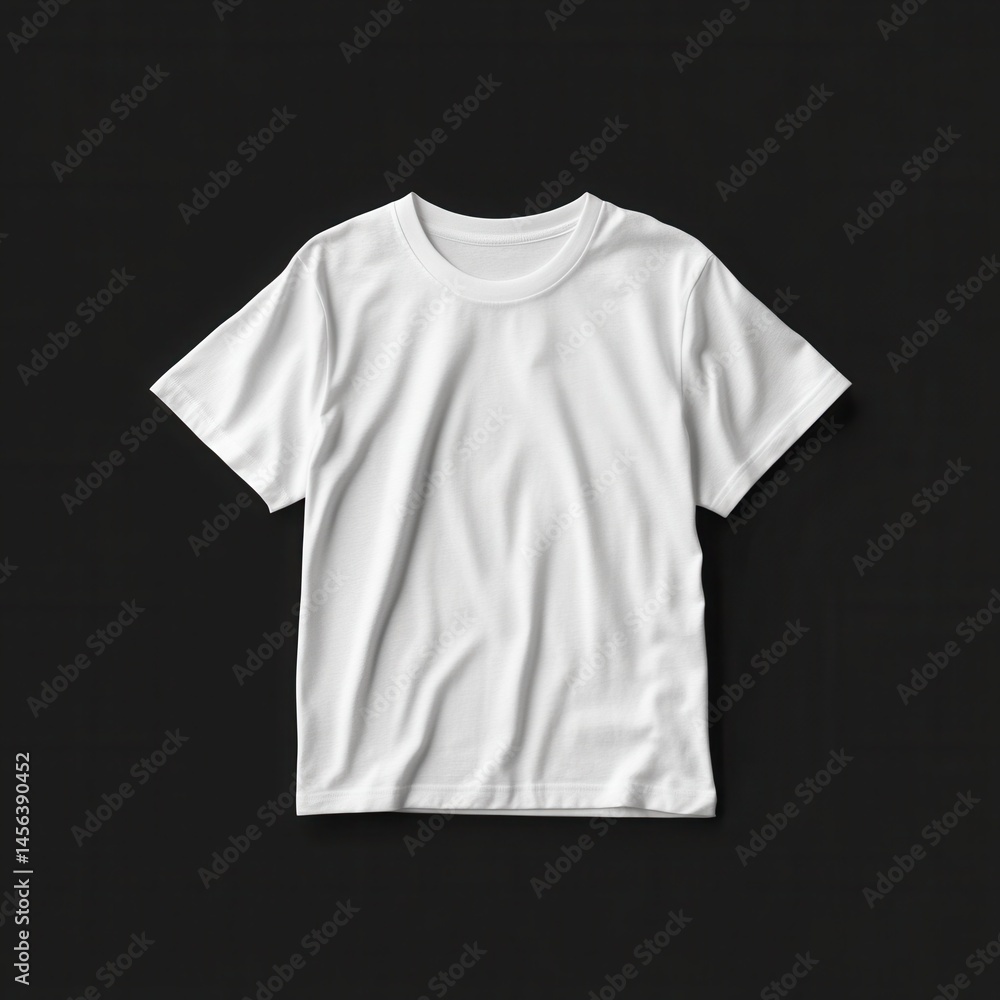 Blank white t-shirt, smooth fabric, simple design, laid flat on dark background Blank white t-shirt, smooth fabric, simple design, laid flat on dark background