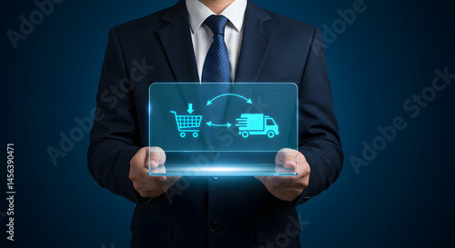 Wallpaper Mural Person in Dark Suit Holds Glowing Panel with Shopping Cart and Delivery Truck Graphic on Blue Background Torontodigital.ca