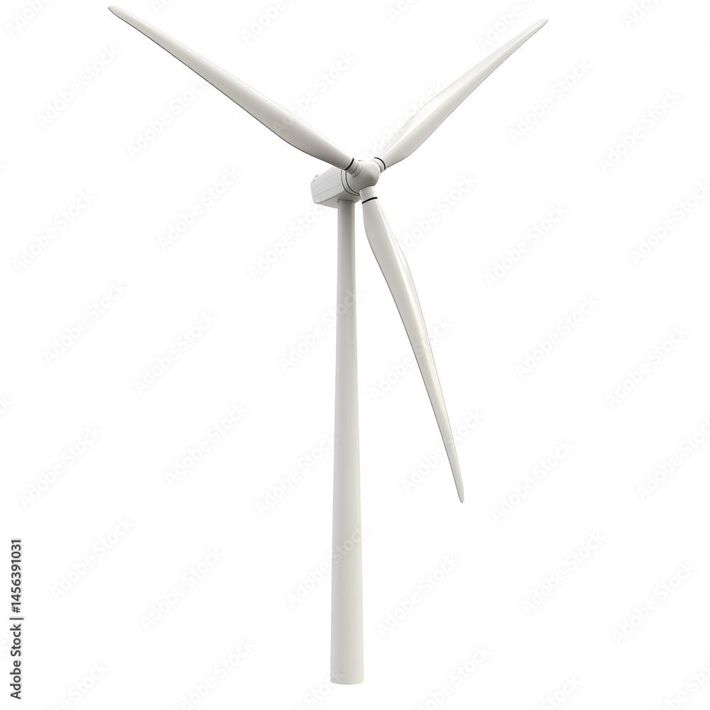 A single white wind turbine against a white background, representing clean and sustainable energy. It stands tall and proud, a symbol of environmental consciousness and renewable resources A single white wind turbine against a white background, representing clean and sustainable energy. It stands tall and proud, a symbol of environmental consciousness and renewable resources