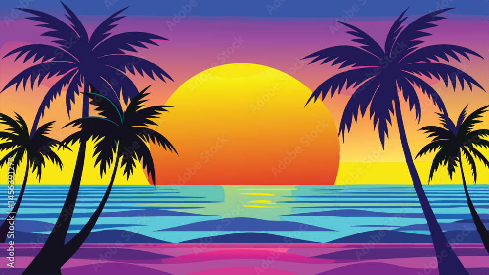 Obraz premium Tropical Sunset Beach Landscape with Palm Trees – Vibrant Vector Illustration