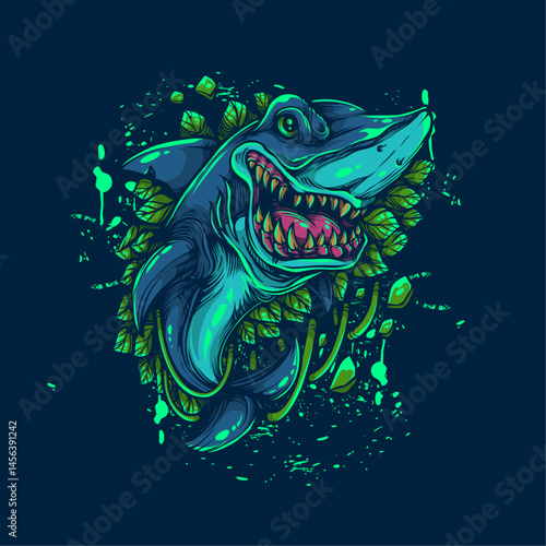 shark with green leaf artwork illustration