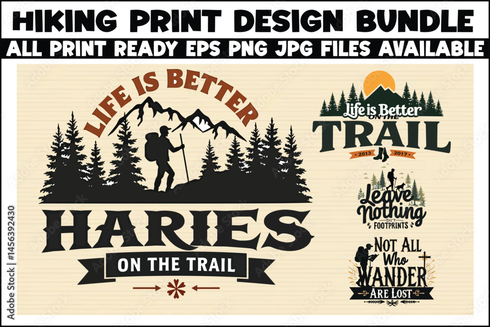 Fototapeta premium Hiking T-Shirt Design, Hiking Shirt Bundle, Outdoor T-Shirt, Adventure Shirt, Nature Lover Shirt, Mountain Shirt Design, Hiking SVG, Hiking PNG, Hiking EPS, Explore More Shirt, Wild and Free Design,