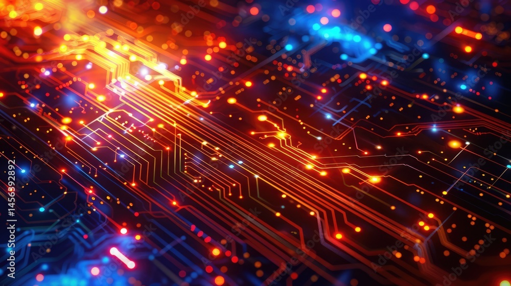 Fototapeta premium Abstract of chip on complex circuit with digital technology style design and neon electric light graphic show dynamic movement represent about processor algorithm process on high tech device. AIG51.
