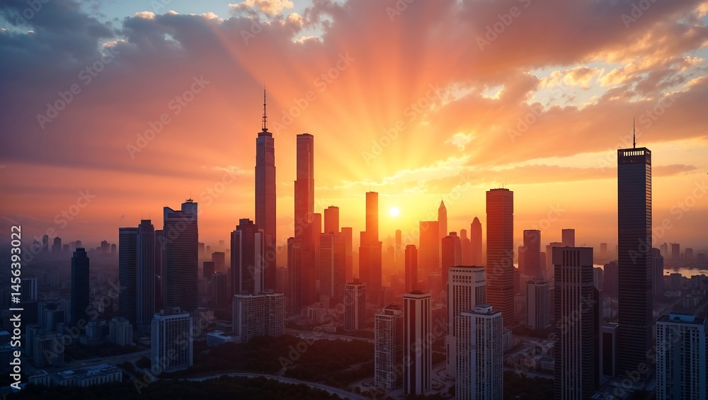 Fototapeta premium City Skyline at Sunset: Capture the mesmerizing cityscape silhouetted against a vibrant sunset, painting the sky with hues of orange and gold as the sun's rays radiate over the urban sprawl.