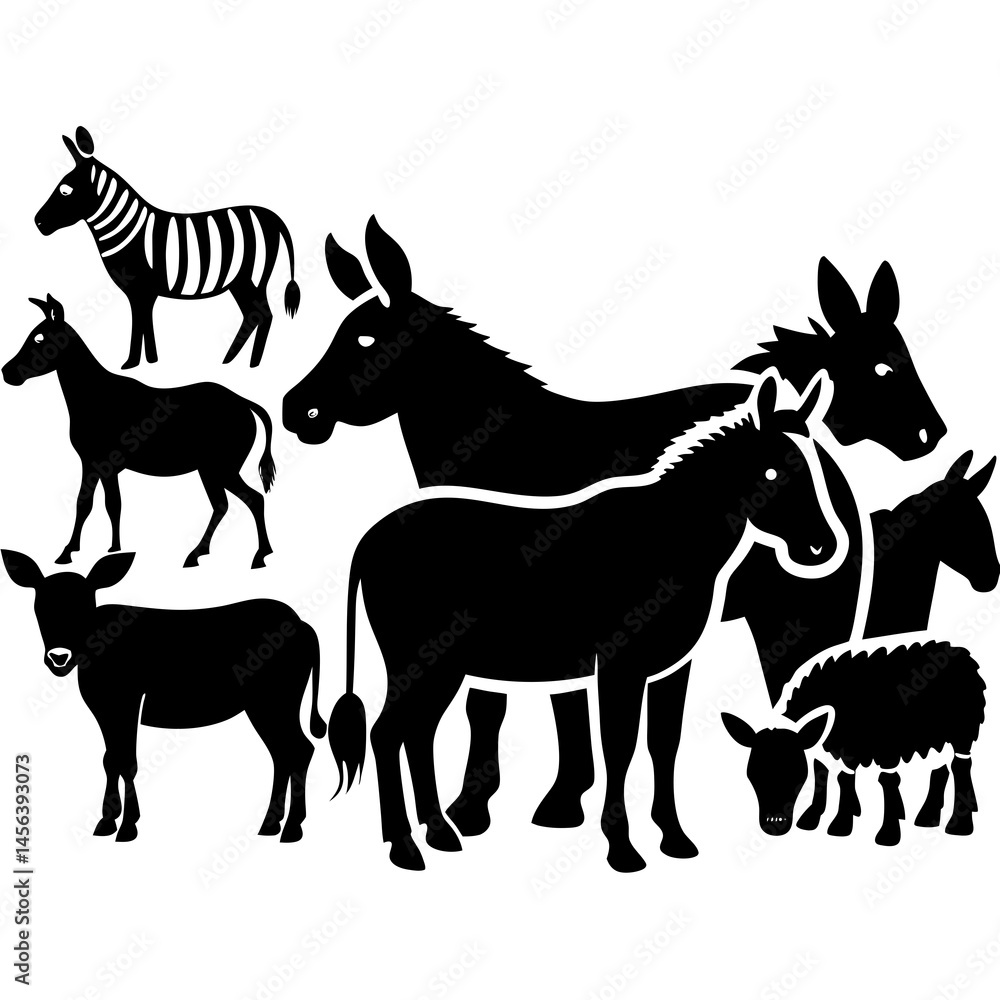 Fototapeta premium A captivating group of zebras donkeys and a lamb depicted in striking black silhouettes against a stark white background