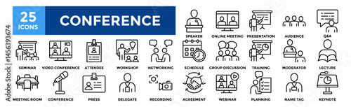 Conference icon collection set. Containing design Speaker, Online Meeting, Presentation, Audience, Q&A