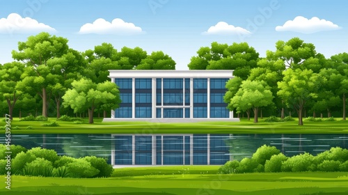 Modern architectural building design and reflection amidst seren