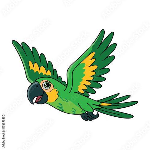 
A vibrant and colorful parrot perched on a tree branch, showcasing its bright green, red, and yellow feathers. This exotic bird is known for its intelligence, playful nature, and ability to mimic hum
