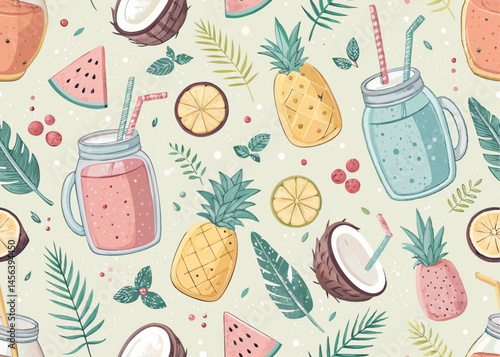 Seamless pattern of cold drinks in glass jars with straws coconut drinks and fruit smoothies