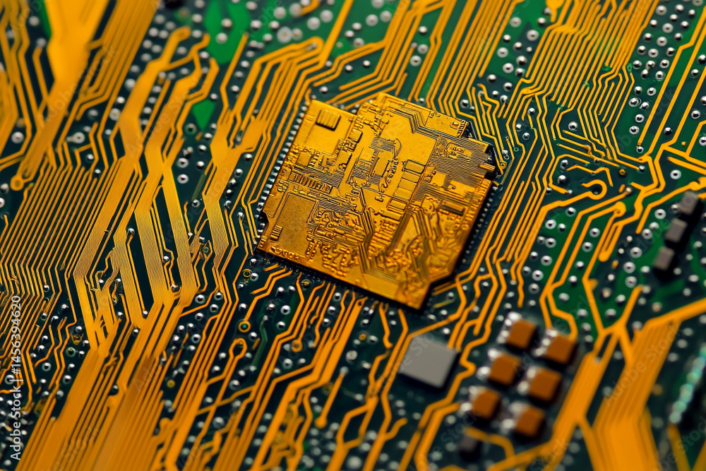 Obraz premium Close up of circuit board intricate pathways and components technology gold green
