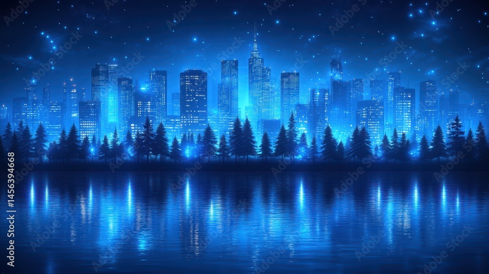 Fototapeta premium Enchanting Nightscape Luminescent Cityscape Reflections on Tranq