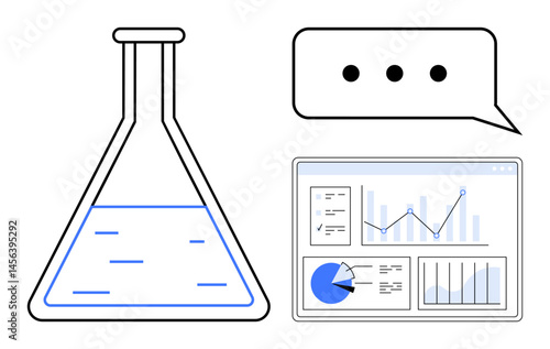 Laboratory flask containing liquid, speech bubble with three dots, and digital analytics dashboard. Ideal for research, innovation, communication, data analysis, science, lab studies simple landing