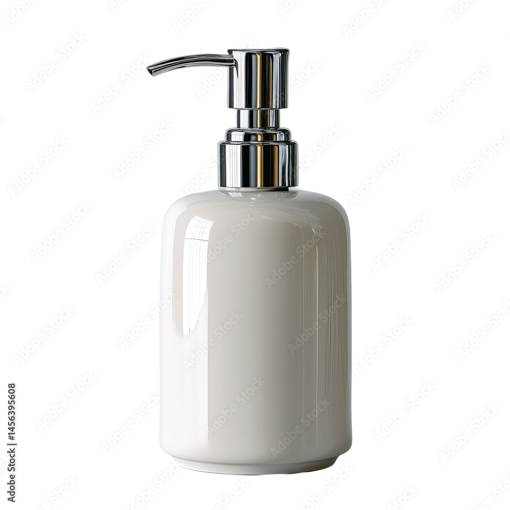 A close-up shot of a modern ceramic soap dispenser with a shiny chrome pump A close-up shot of a modern ceramic soap dispenser with a shiny chrome pump