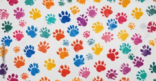 Colorful paw prints on white, seamless repeat  ,  rainbow paws,  wallpaper design