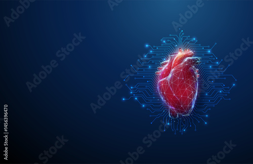 Futuristic human heart with electronic circuit lines background. Artificial intelligence, cardiology technology, medical innovation.