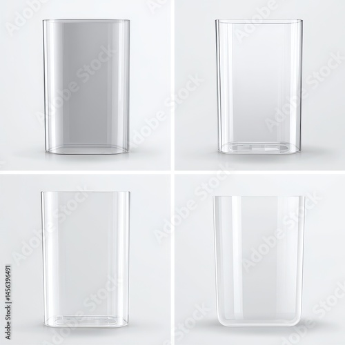 Clear Glass Container Set on White Background, Showing Various Angles of Transparent Design, Ideal for Home Decor or Food Presentation