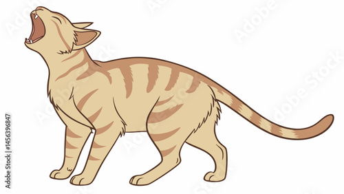 Vector hand-drawing, playful illustration of ginger cat meowing with its mouth open, showcasing its expressive features and lively demeanor