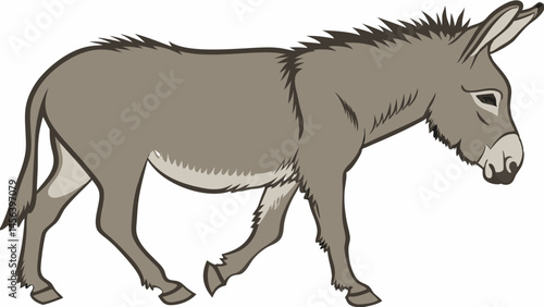 Vector hand-drawing, full body side view of donkey walking, showcasing its distinct features and sturdy build. donkey appears calm and steady