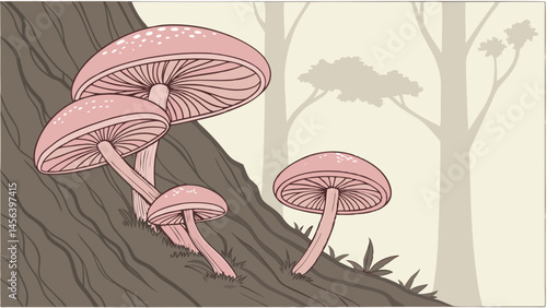 Vector Pink bubblegum like mushrooms growing on tree bark create whimsical scene in serene forest setting