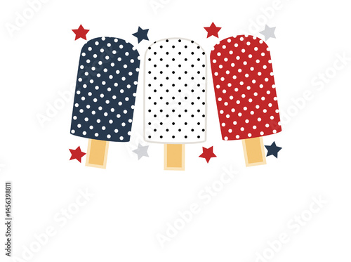 Clip art illustration set against a white background featuring red, white, and blue polka dot popsicles adorned with stars at the bottom, emulating the style of an American flag design. This playful a
