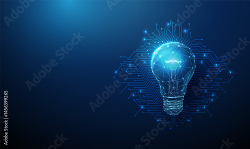 Futuristic light bulb with electronic circuit lines background. Artificial intelligence, smart technology, and innovative concept. Low poly style