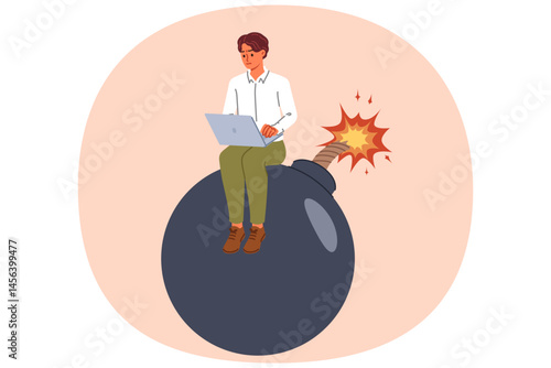 Business man is in danger due to investment in risky project, sitting on large bomb with laptop on lap. Freelancer guy in danger due to missed deadlines or lack of professional skills